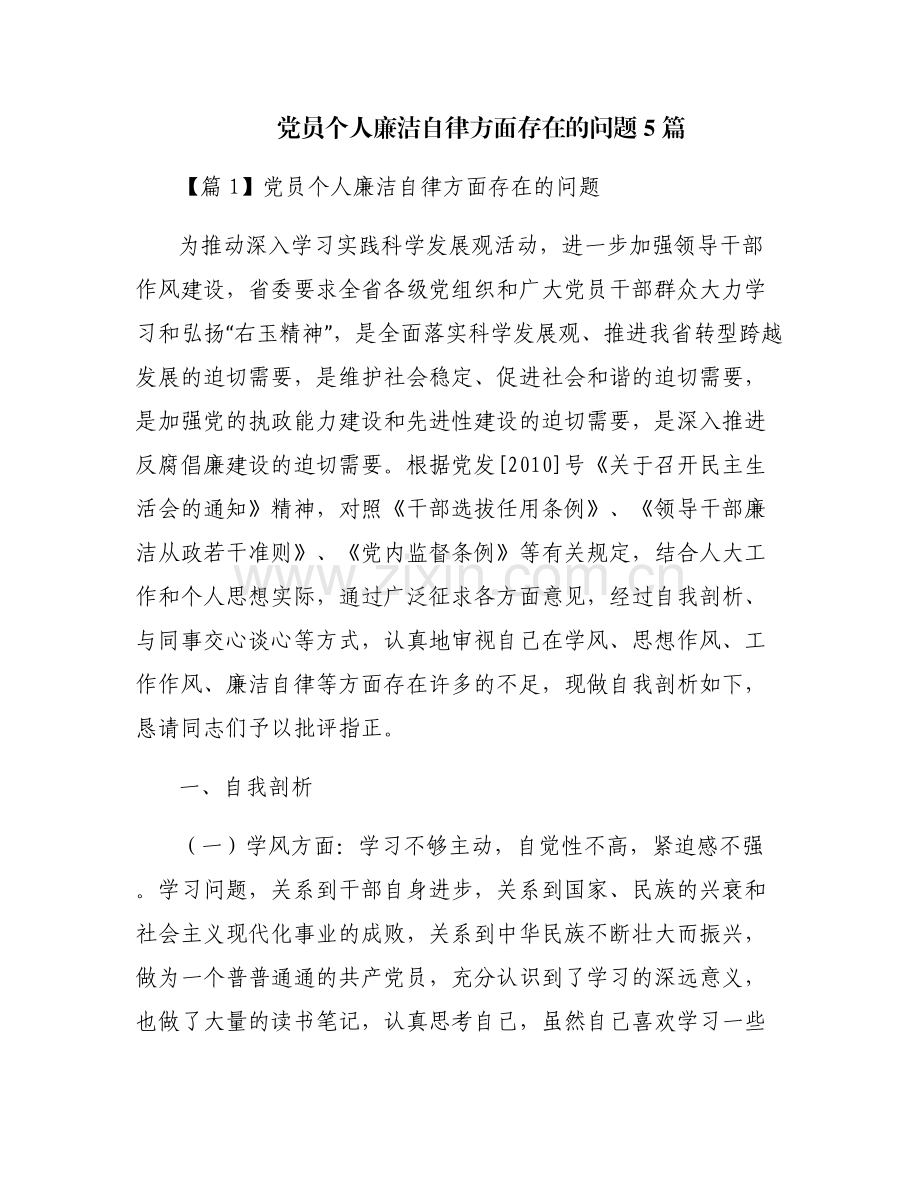 党员个人廉洁自律方面存在的问题5篇.pdf_第1页