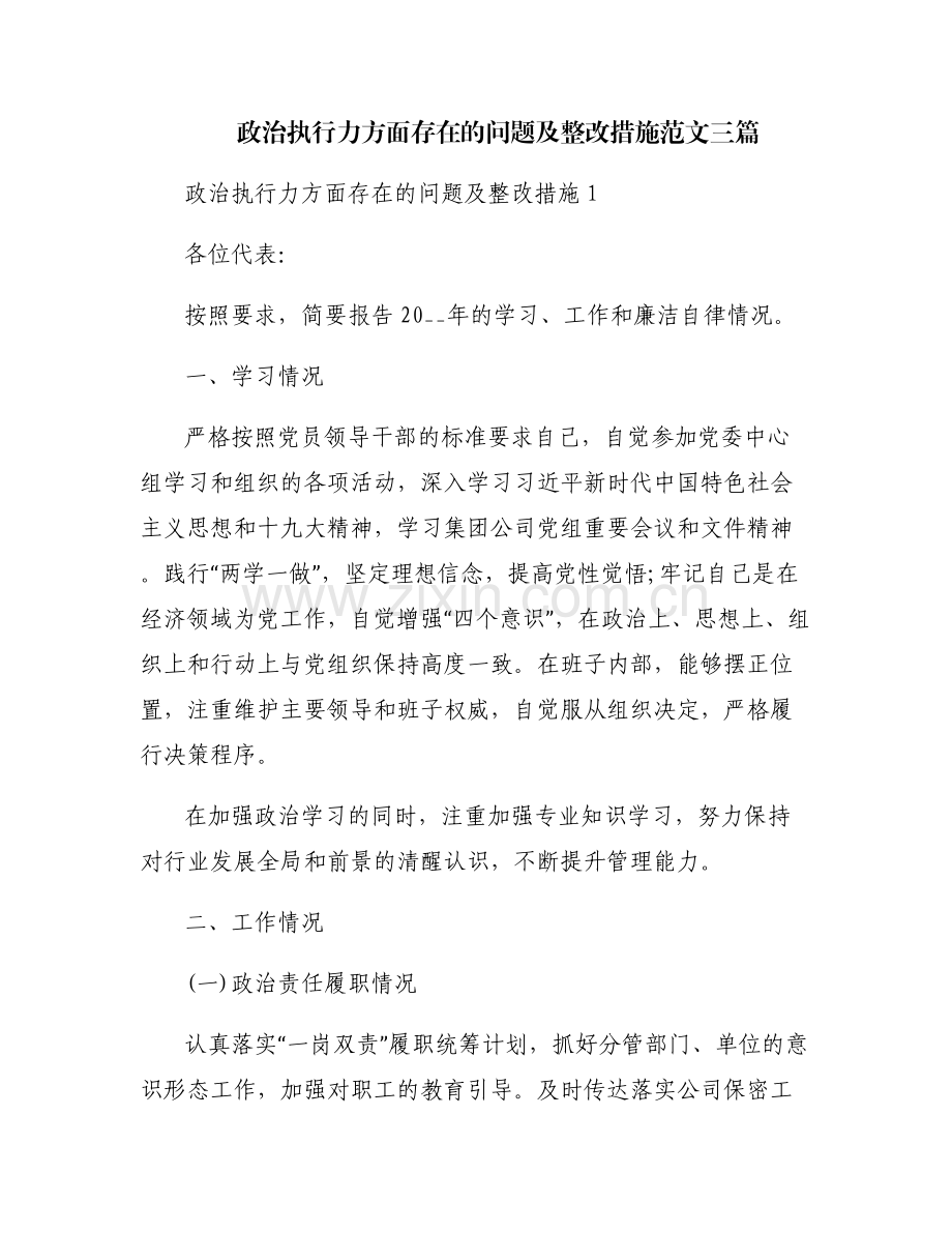 政治执行力方面存在的问题及整改措施范文三篇.pdf_第1页