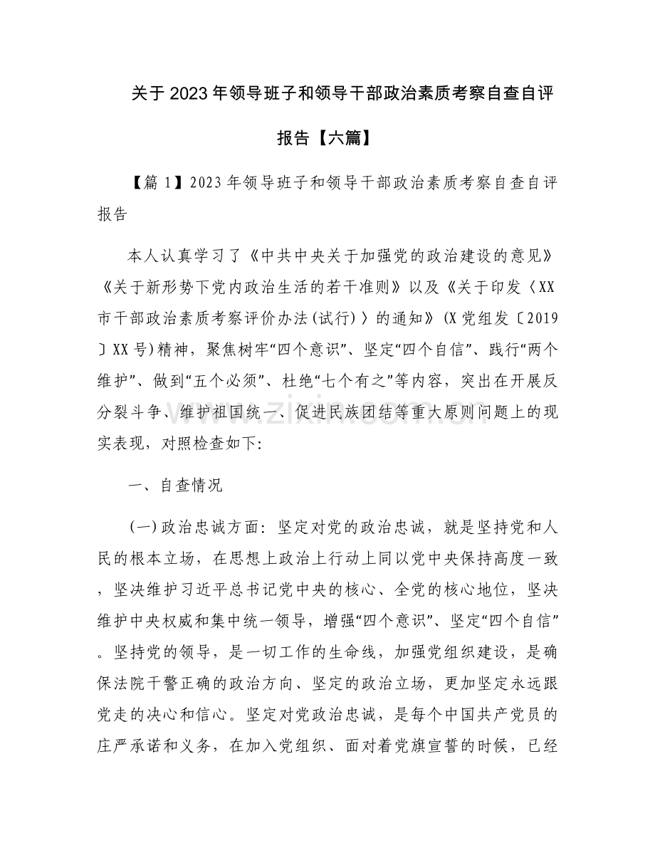 关于2023年领导班子和领导干部政治素质考察自查自评报告【六篇】.docx_第1页