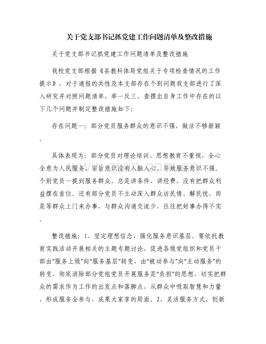 关于党支部书记抓党建工作问题清单及整改措施.pdf_第1页