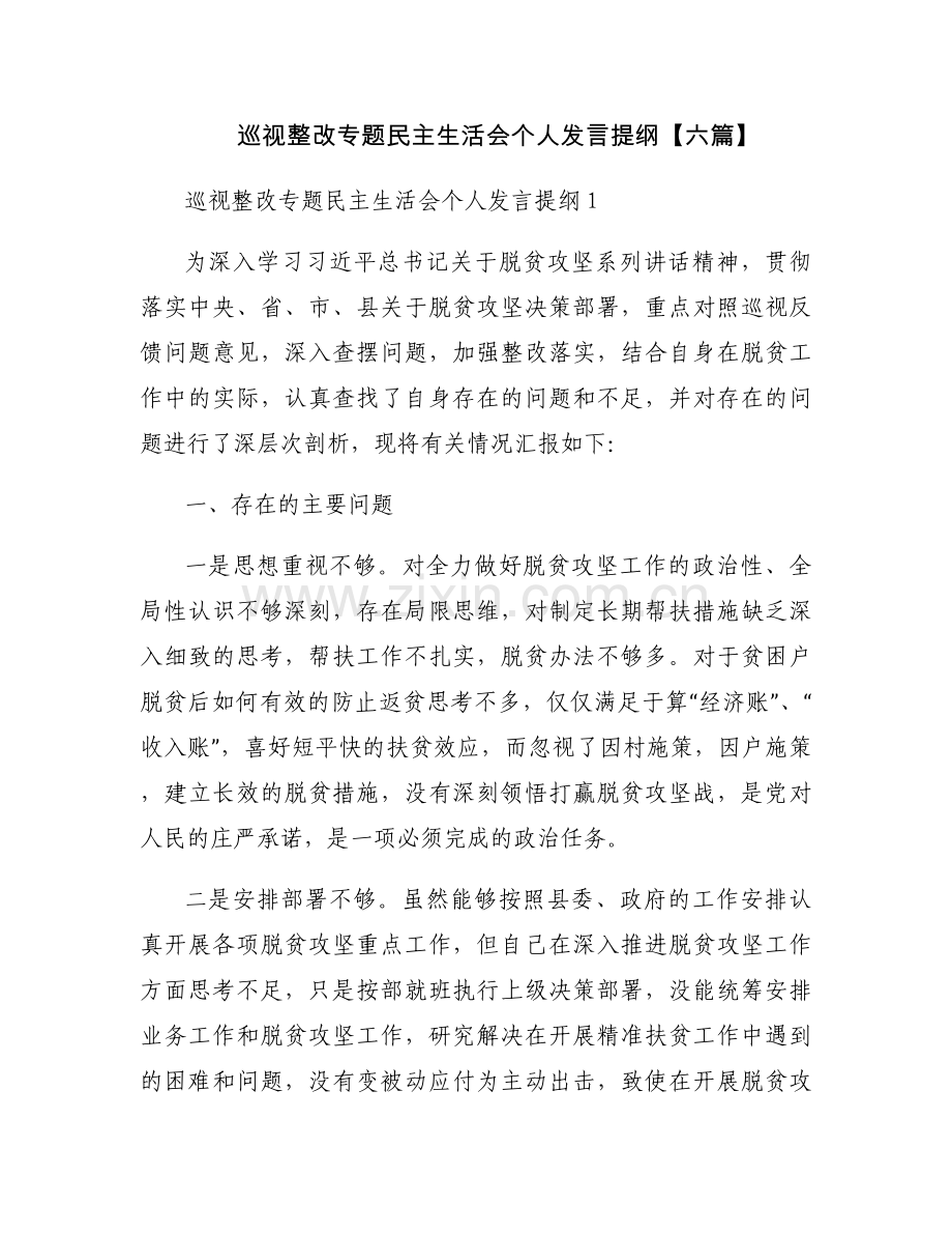 巡视整改专题民主生活会个人发言提纲【六篇】.docx_第1页