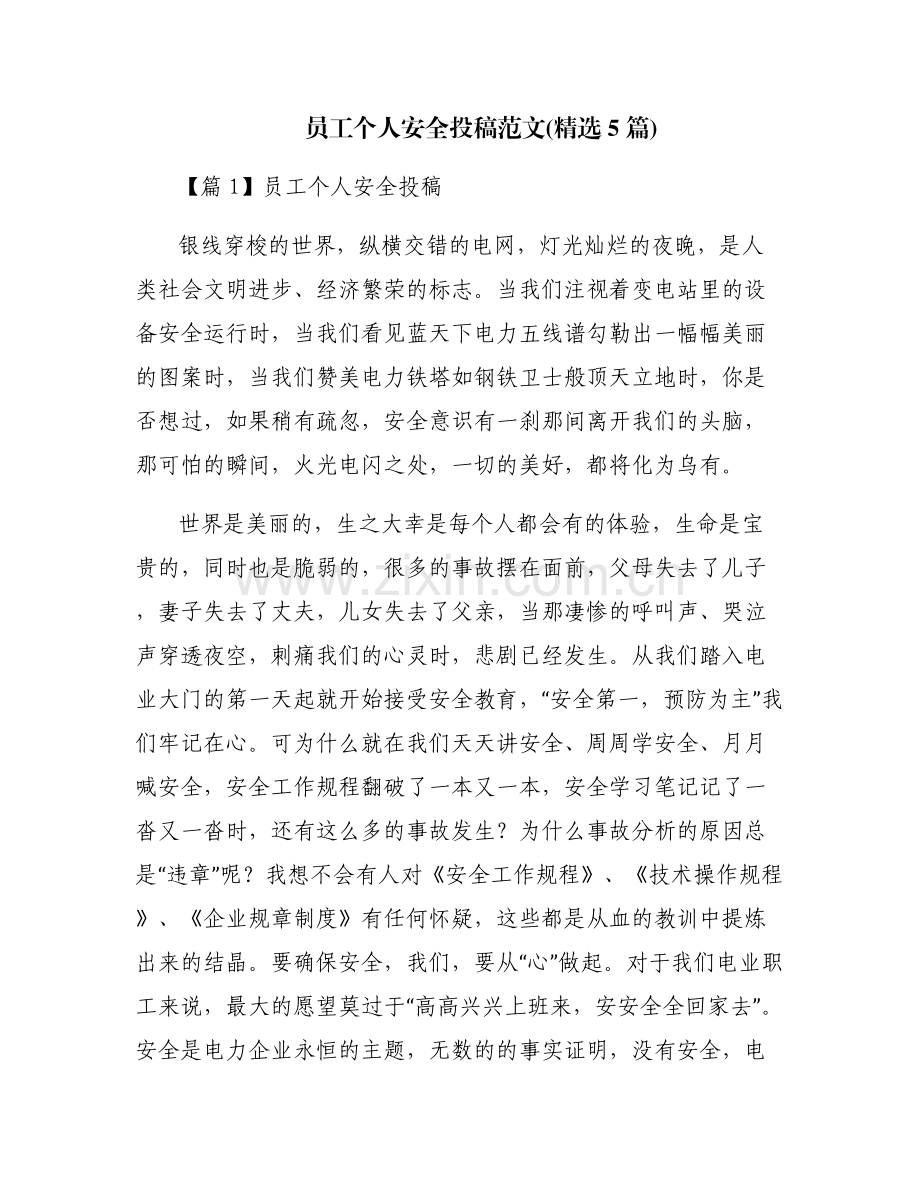 员工个人安全投稿范文(5篇).pdf_第1页