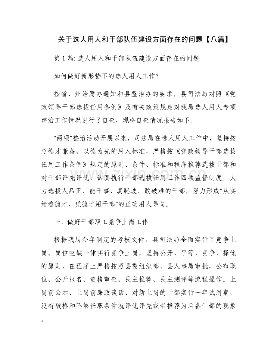 关于选人用人和干部队伍建设方面存在的问题【八篇】.docx_第1页