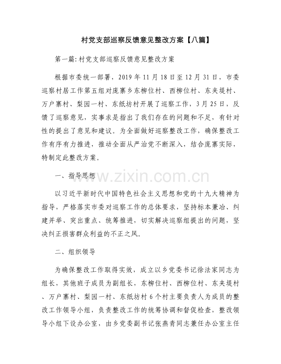 村党支部巡察反馈意见整改方案【八篇】.docx_第1页