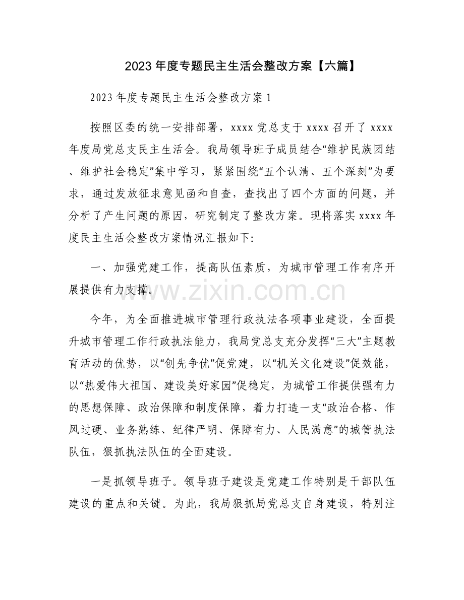 2023年度专题民主生活会整改方案【六篇】.docx_第1页