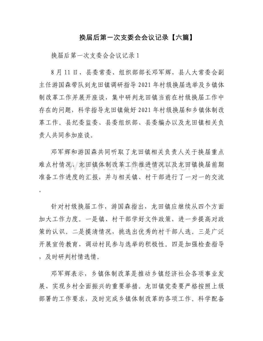 换届后第一次支委会会议记录【六篇】.docx_第1页