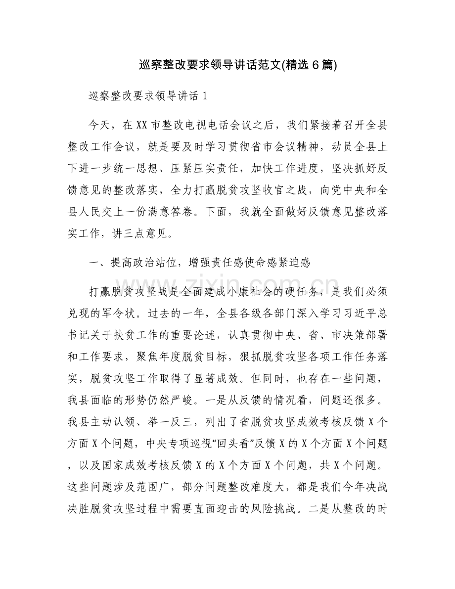 巡察整改要求领导讲话范文(6篇).docx_第1页