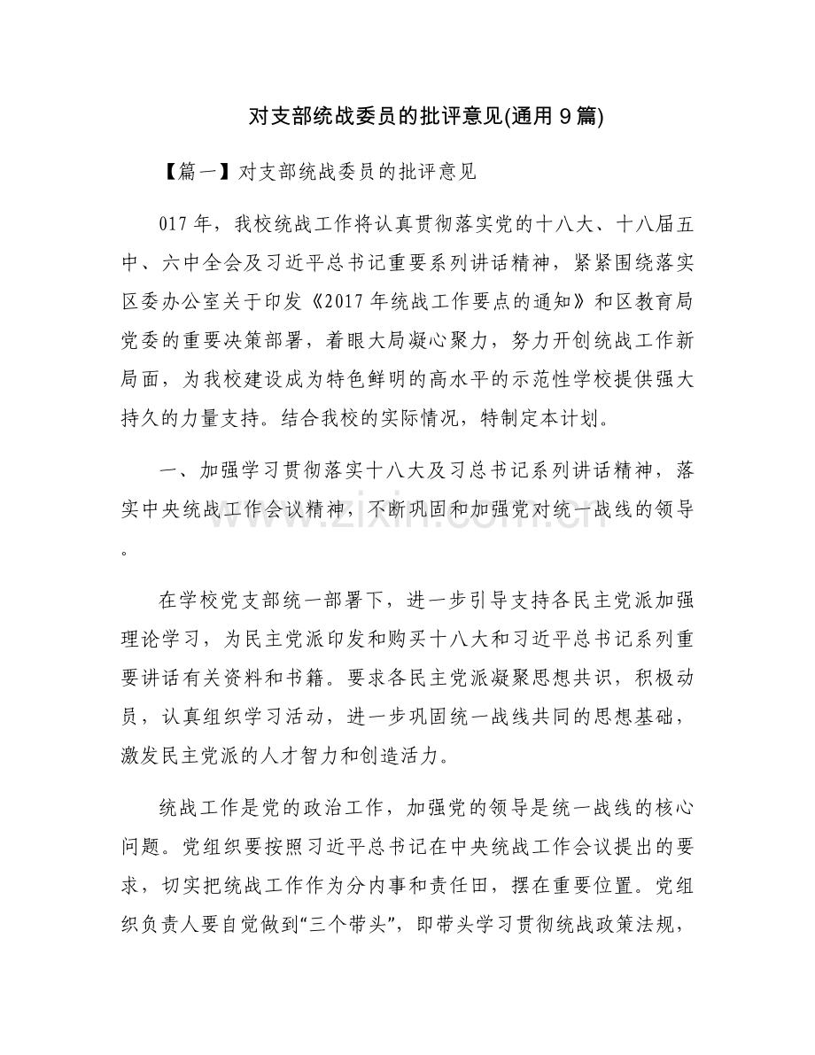 对支部统战委员的批评意见(通用9篇).docx_第1页