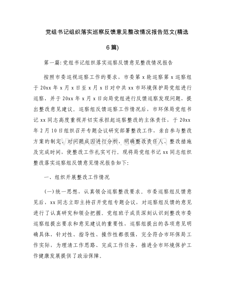 党组书记组织落实巡察反馈意见整改情况报告范文(6篇).docx_第1页