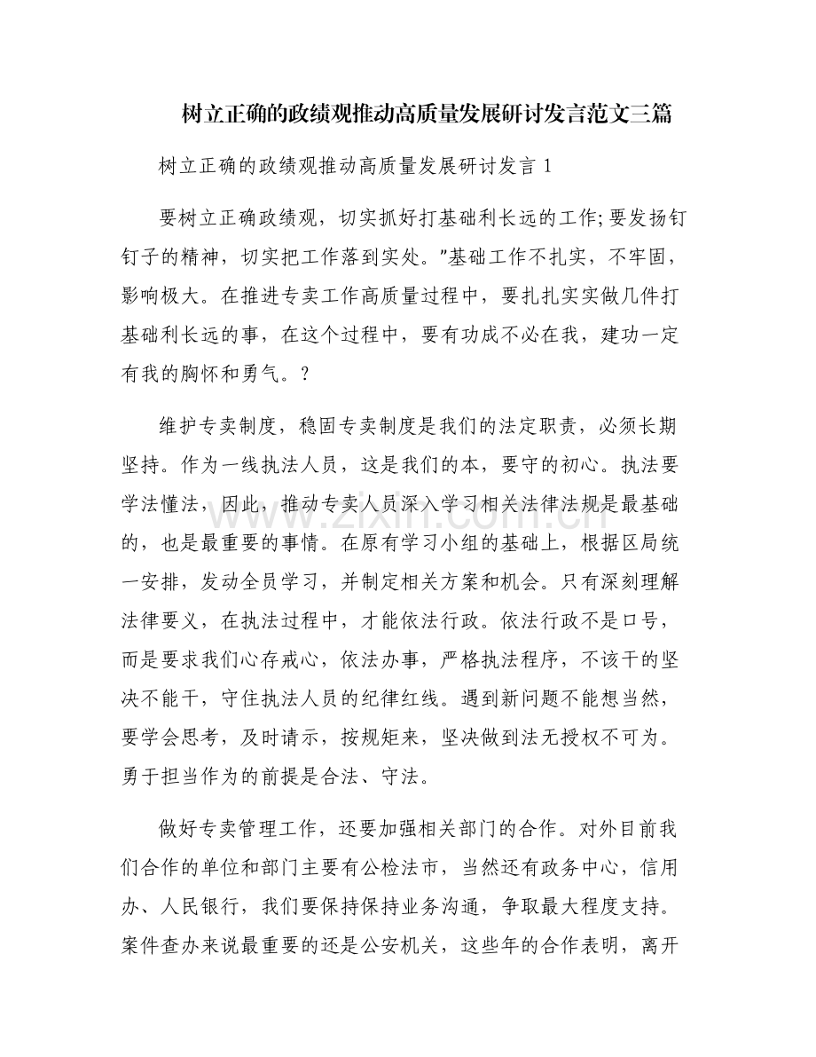 树立正确的政绩观推动高质量发展研讨发言范文三篇.pdf_第1页