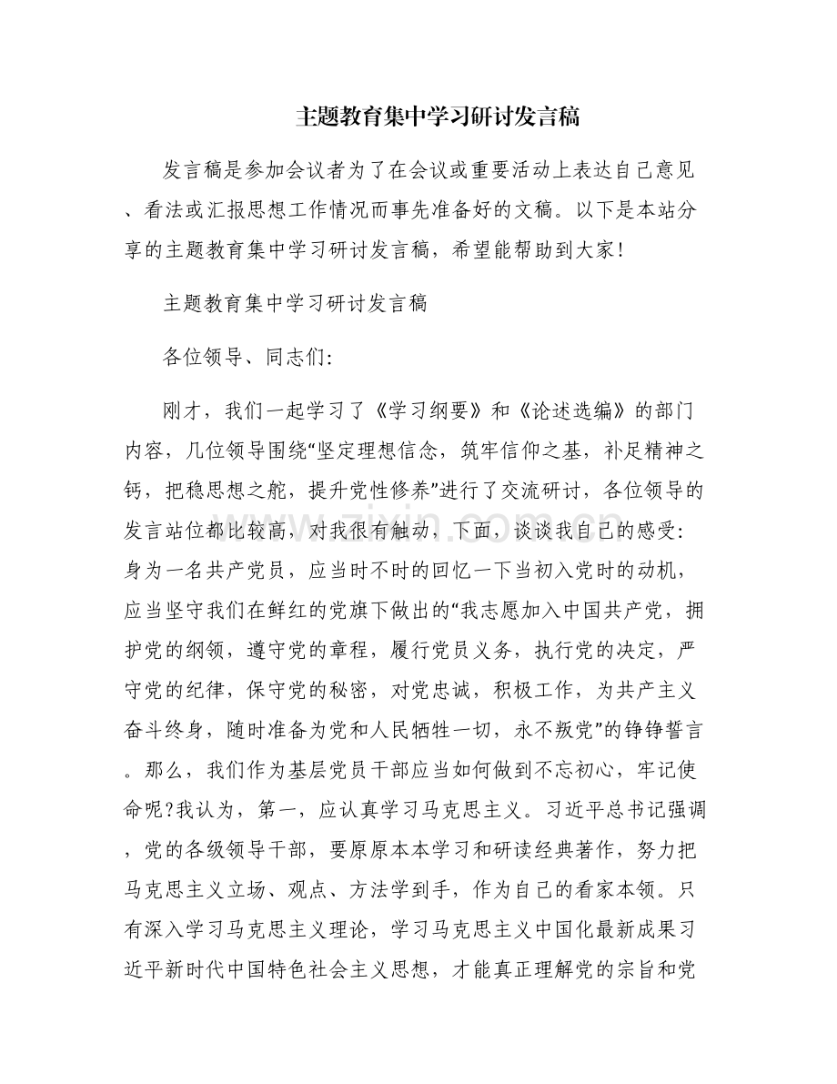 主题教育集中学习研讨发言稿.pdf_第1页