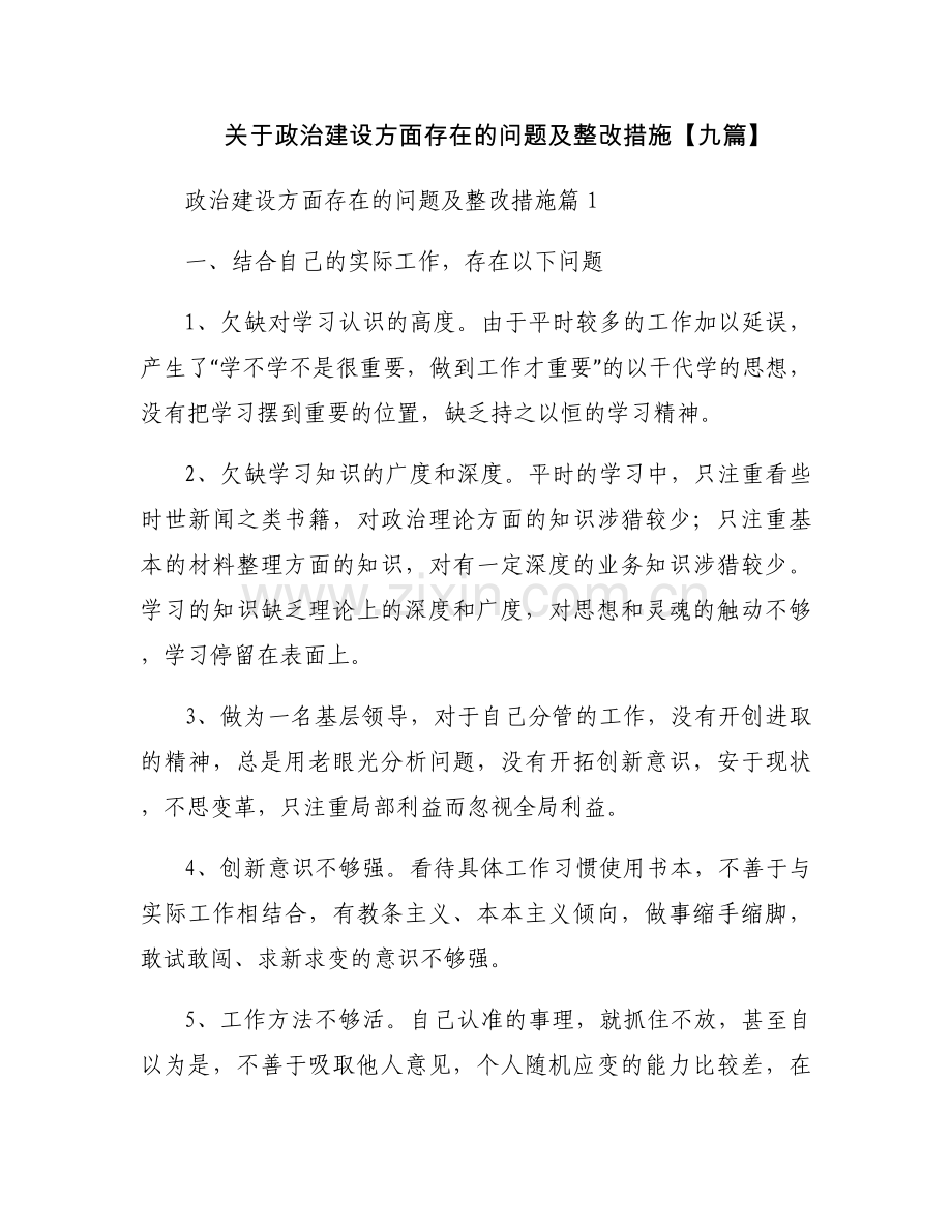 关于政治建设方面存在的问题及整改措施【九篇】.docx_第1页