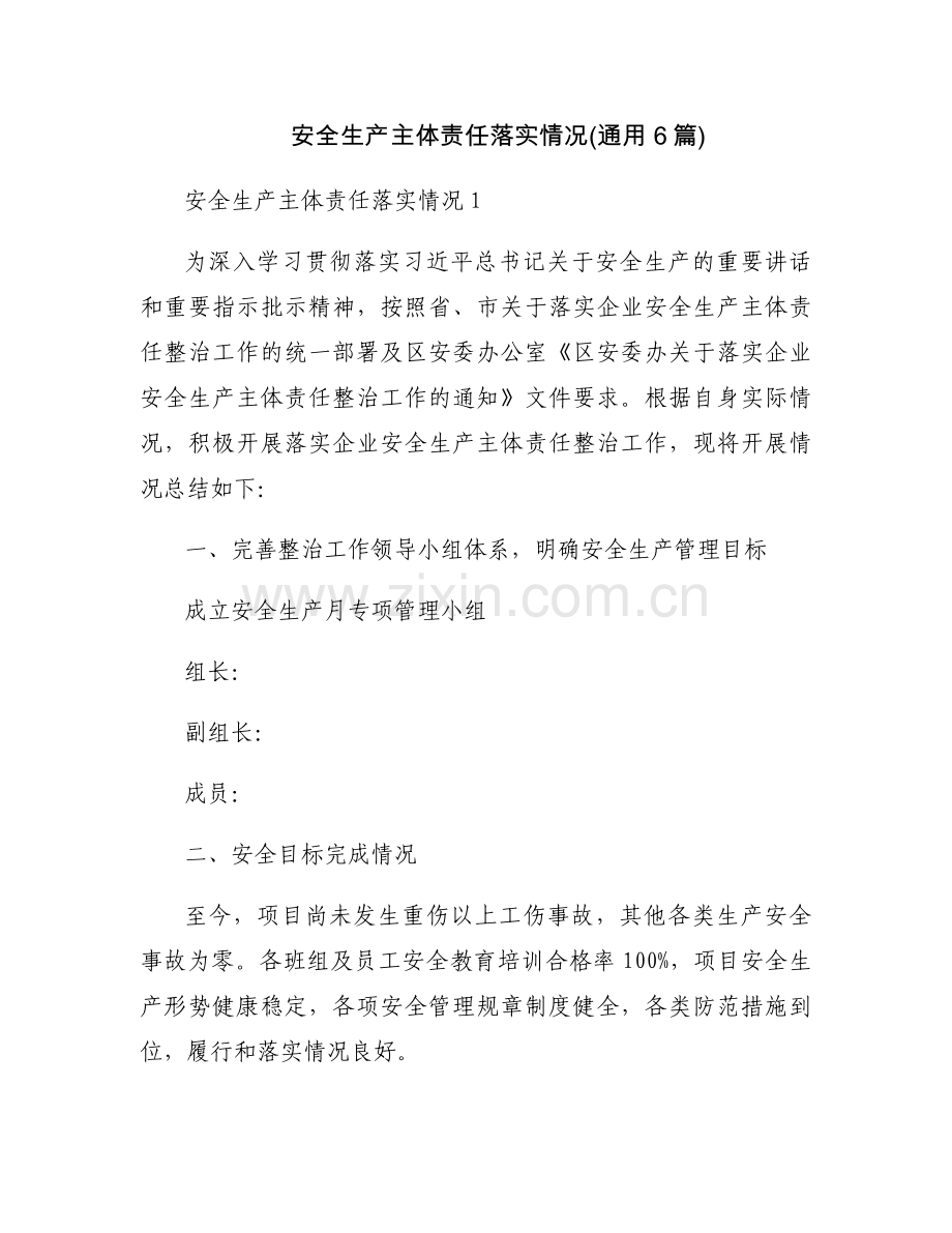 安全生产主体责任落实情况(通用6篇).docx_第1页