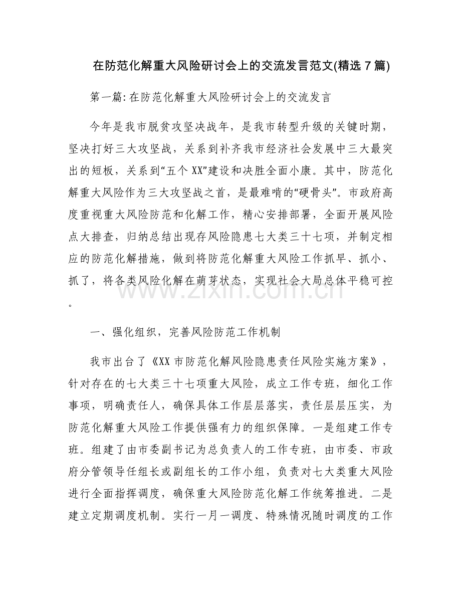 在防范化解重大风险研讨会上的交流发言范文(7篇).docx_第1页