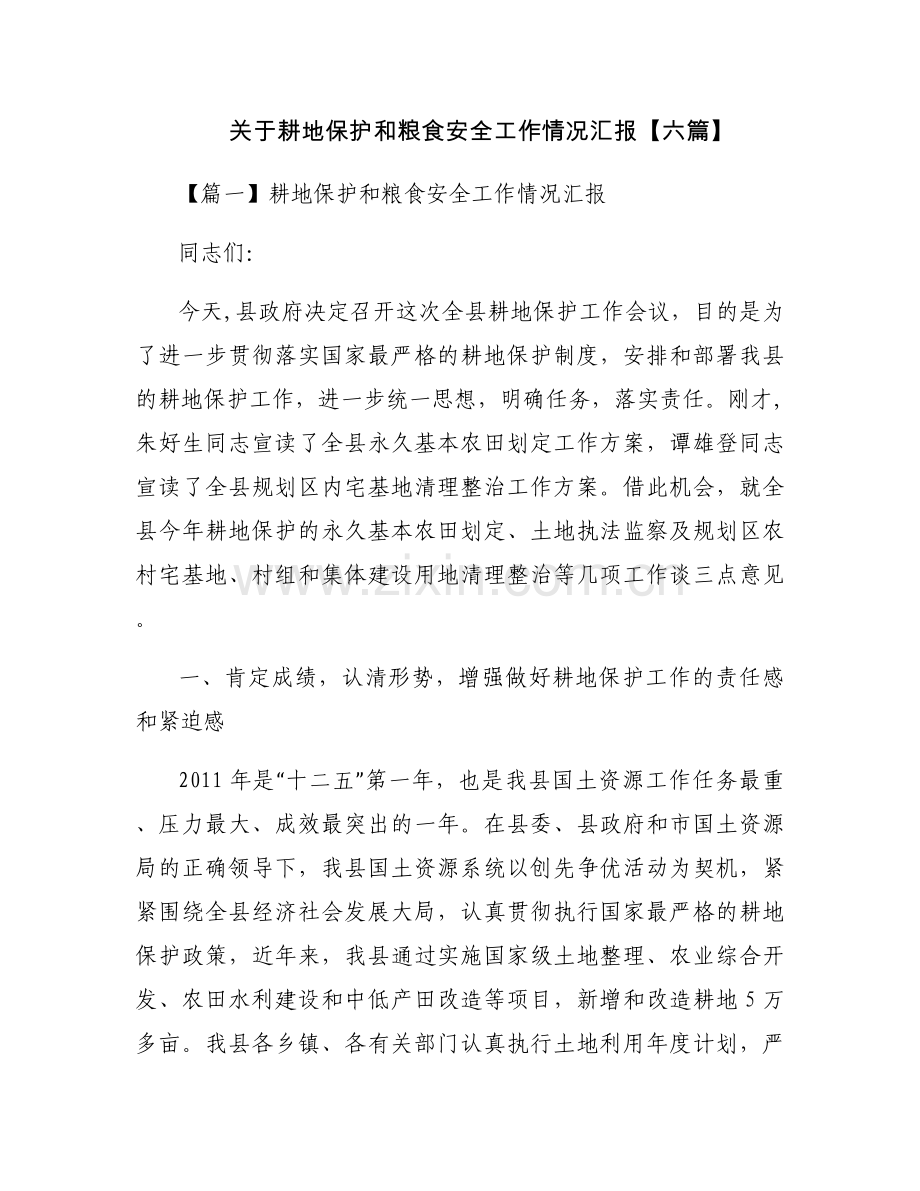 关于耕地保护和粮食安全工作情况汇报【六篇】.docx_第1页