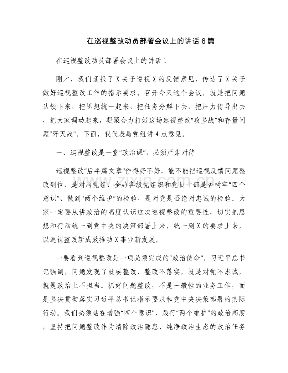 在巡视整改动员部署会议上的讲话6篇.docx_第1页
