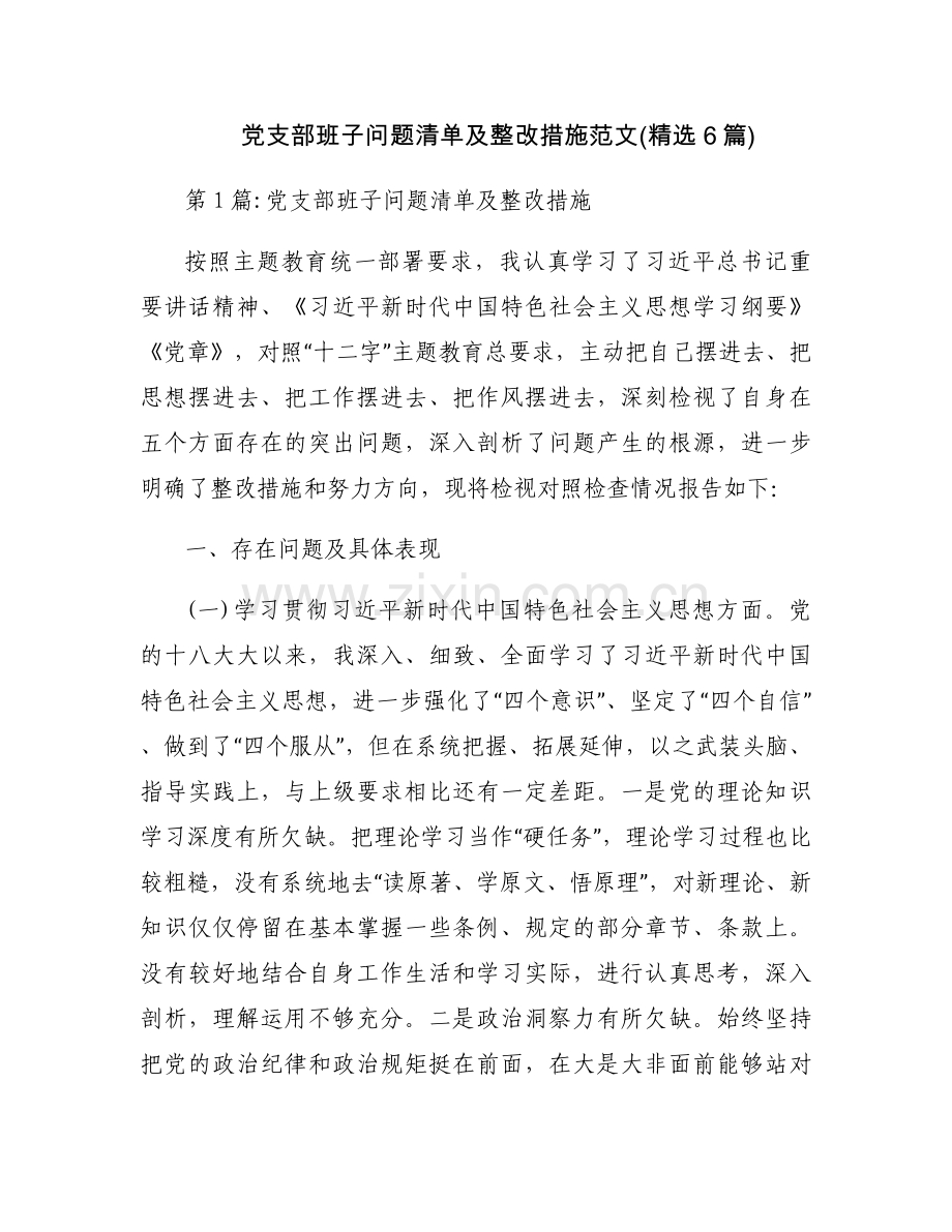 党支部班子问题清单及整改措施范文(6篇).docx_第1页
