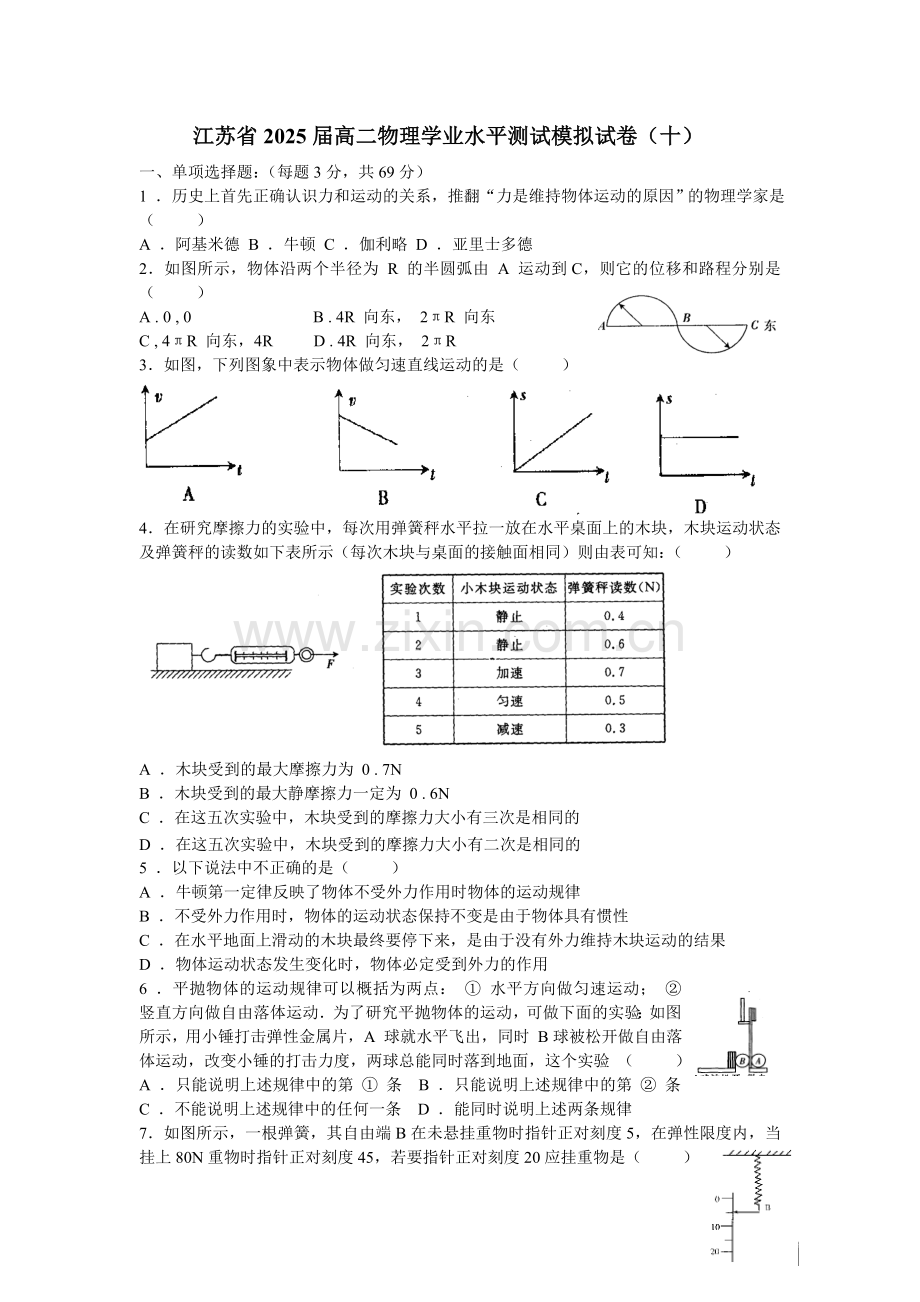 江苏省高二物理学业水平测试模拟试卷（十）.docx_第1页