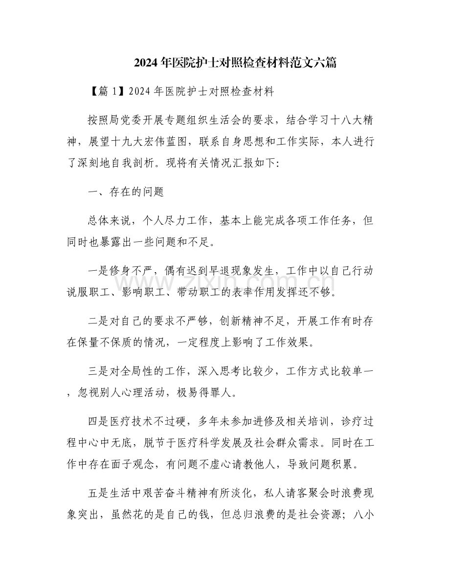 2024年医院护士对照检查材料范文六篇.pdf_第1页