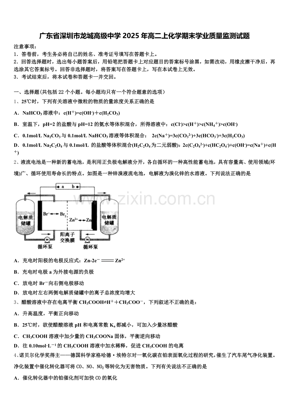 广东省深圳市龙城高级中学2025年高二上化学期末学业质量监测试题含解析.doc_第1页