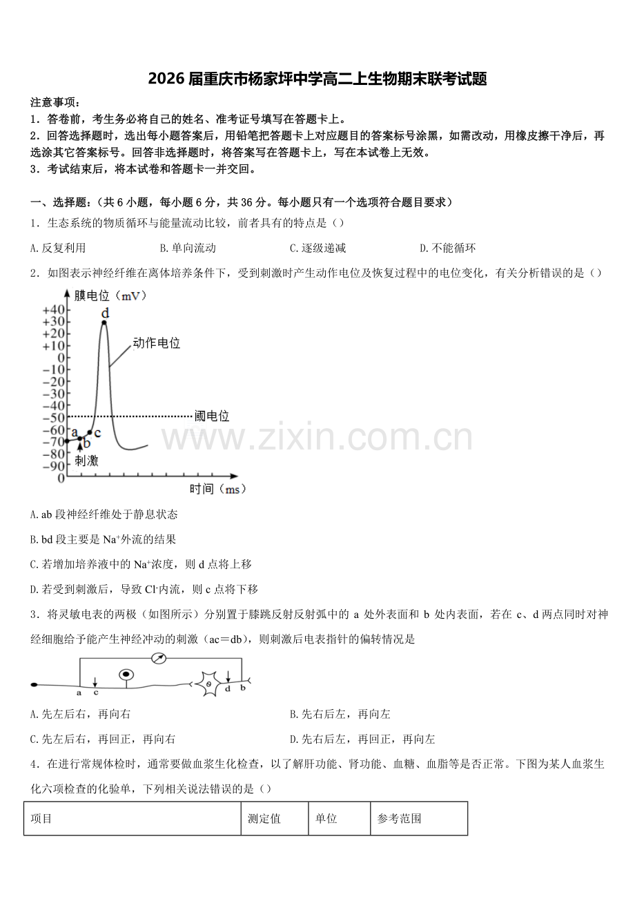 2026届重庆市杨家坪中学高二上生物期末联考试题含解析.doc_第1页
