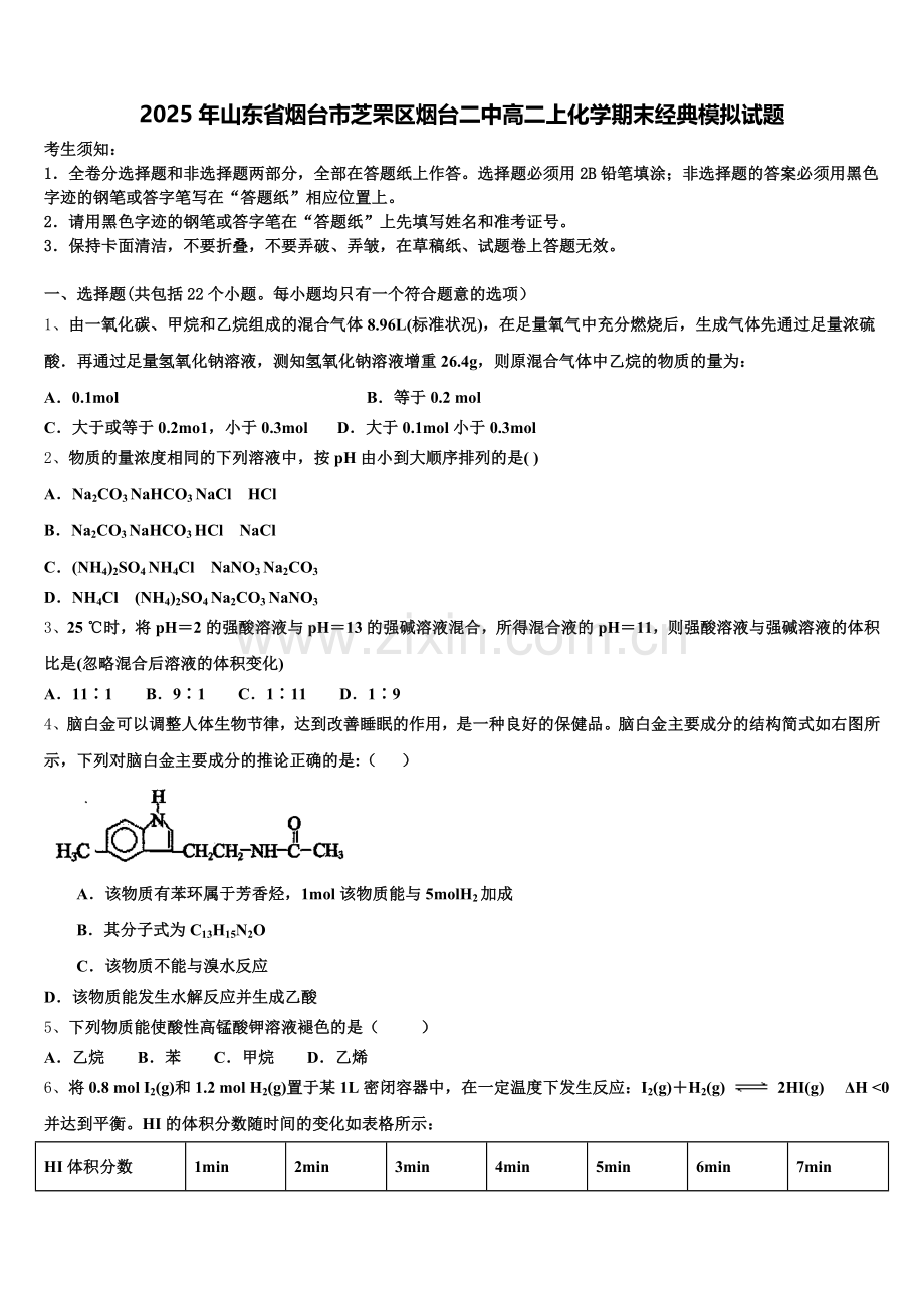 2025年山东省烟台市芝罘区烟台二中高二上化学期末经典模拟试题含解析.doc_第1页