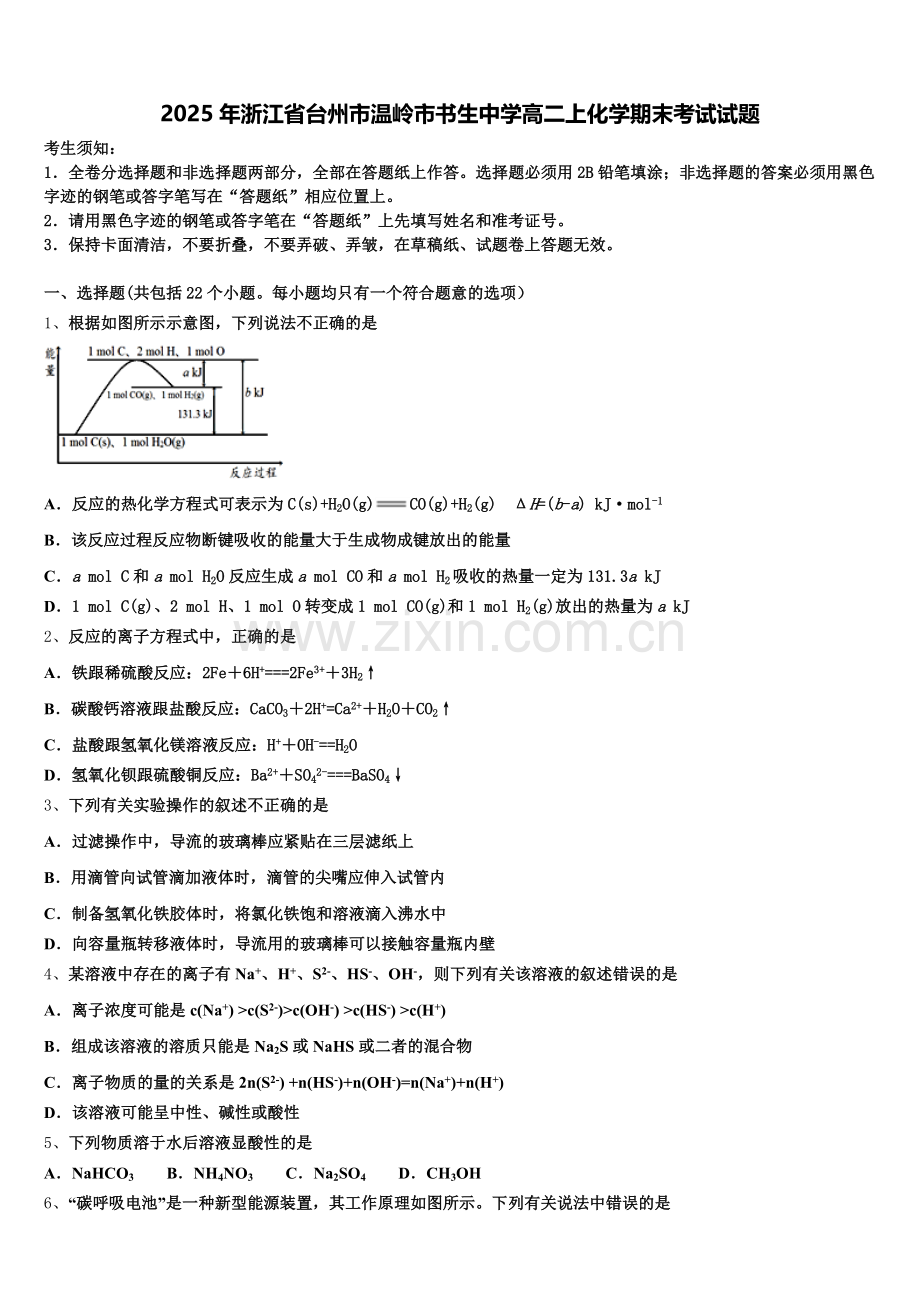 2025年浙江省台州市温岭市书生中学高二上化学期末考试试题含解析.doc_第1页