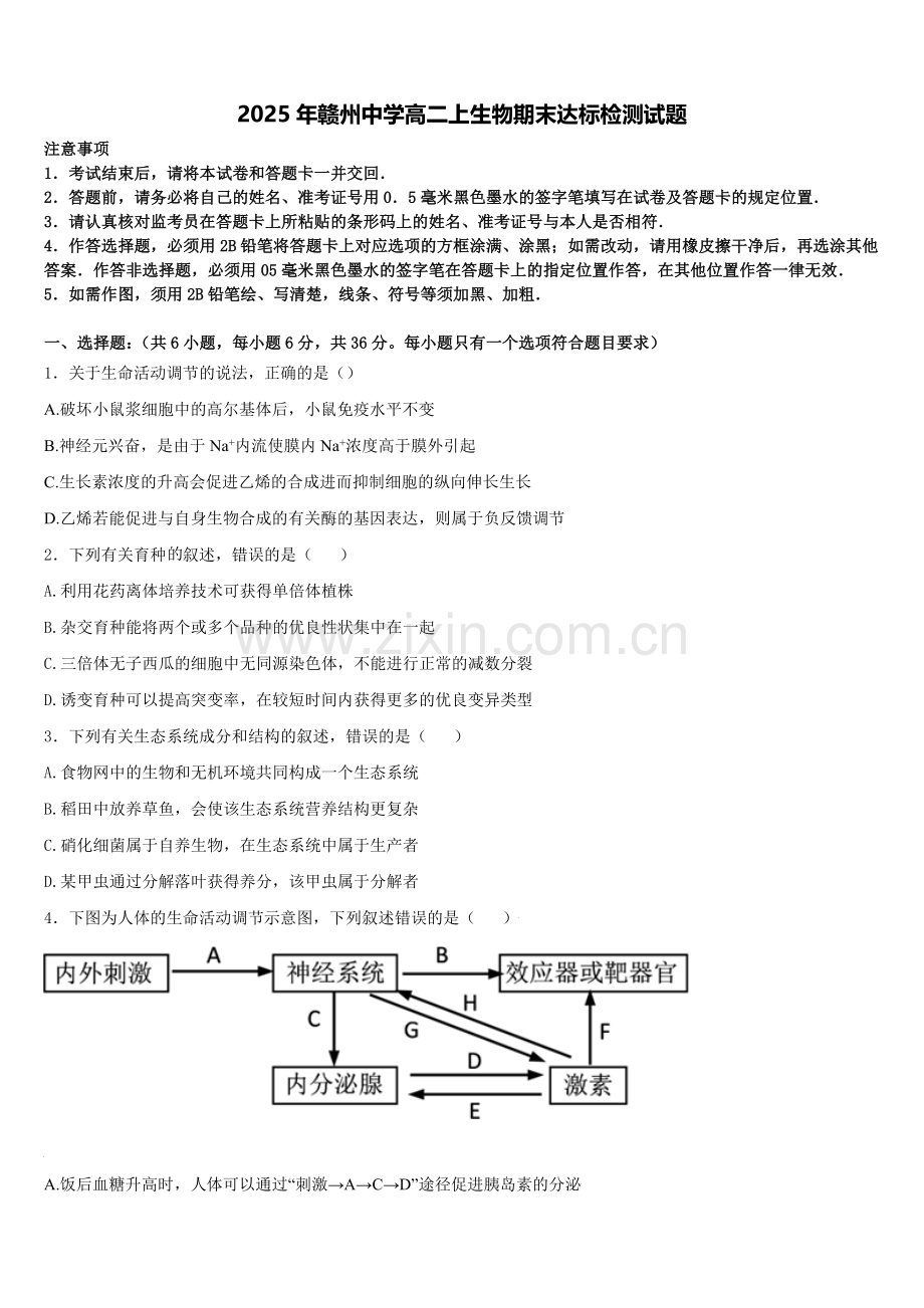 2025年赣州中学高二上生物期末达标检测试题含解析.doc_第1页