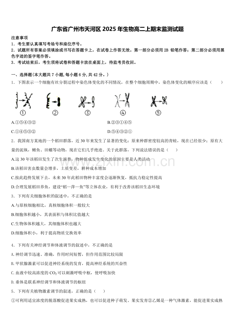 广东省广州市天河区2025年生物高二上期末监测试题含解析.doc_第1页