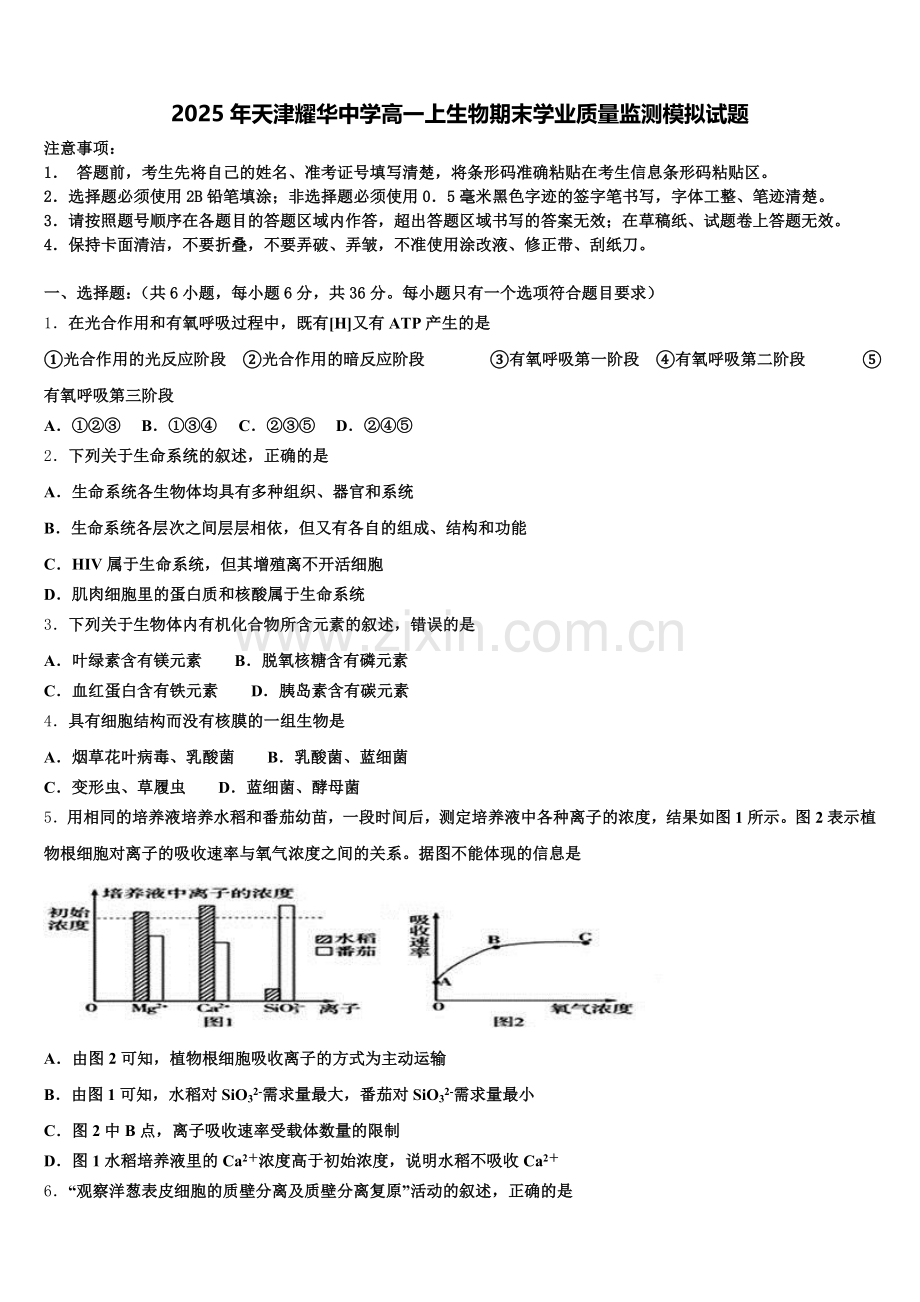 2025年天津耀华中学高一上生物期末学业质量监测模拟试题含解析.doc_第1页