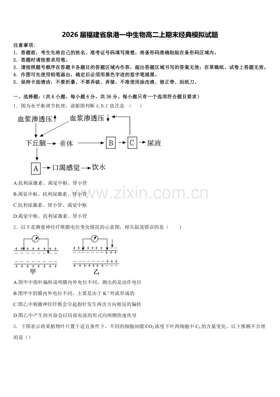 2026届福建省泉港一中生物高二上期末经典模拟试题含解析.doc_第1页