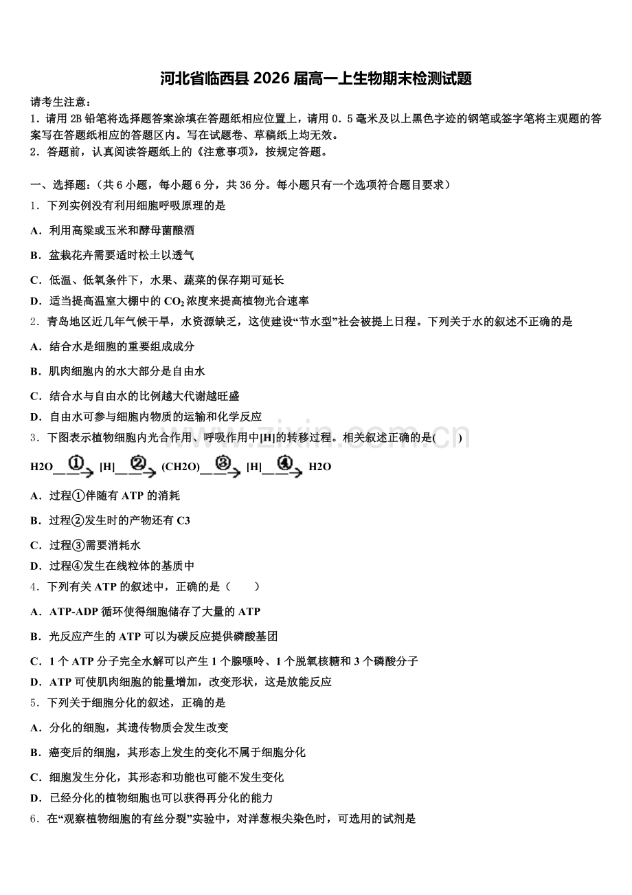 河北省临西县2026届高一上生物期末检测试题含解析.doc_第1页