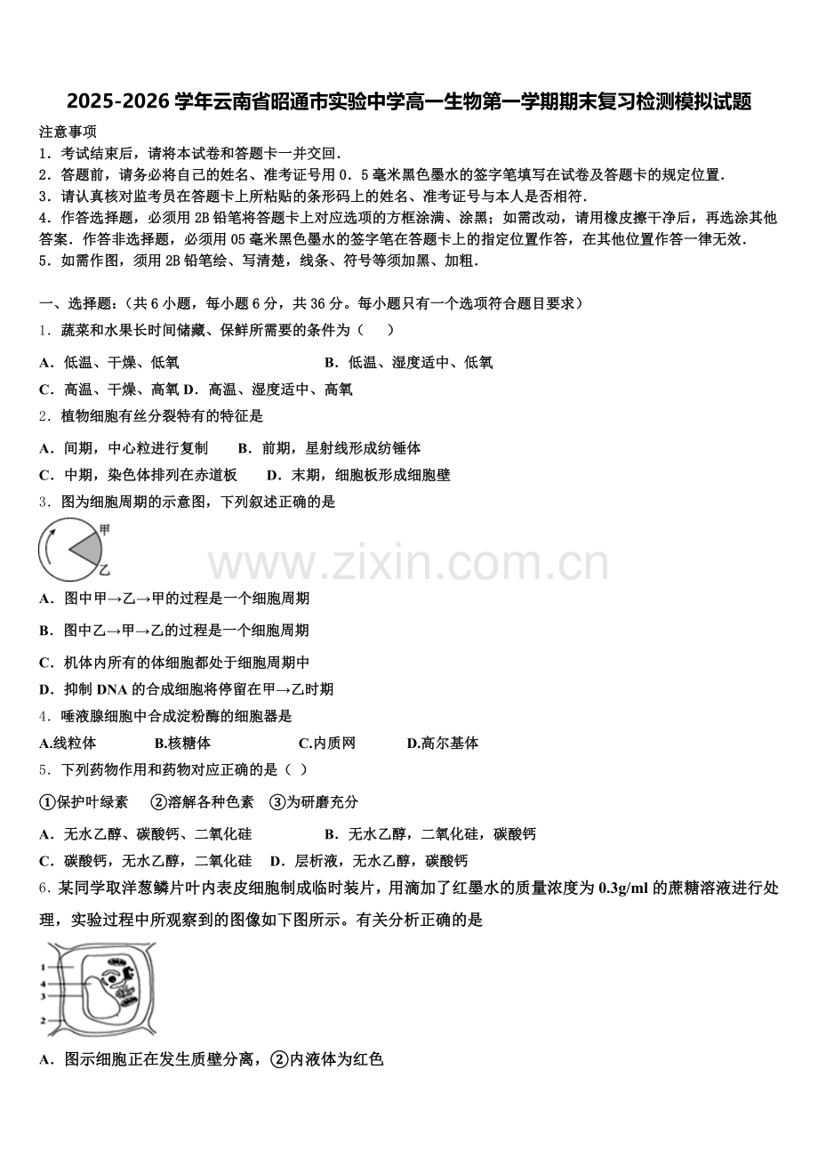 2025-2026学年云南省昭通市实验中学高一生物第一学期期末复习检测模拟试题含解析.doc_第1页