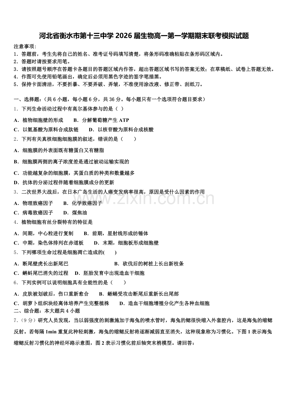 河北省衡水市第十三中学2026届生物高一第一学期期末联考模拟试题含解析.doc_第1页