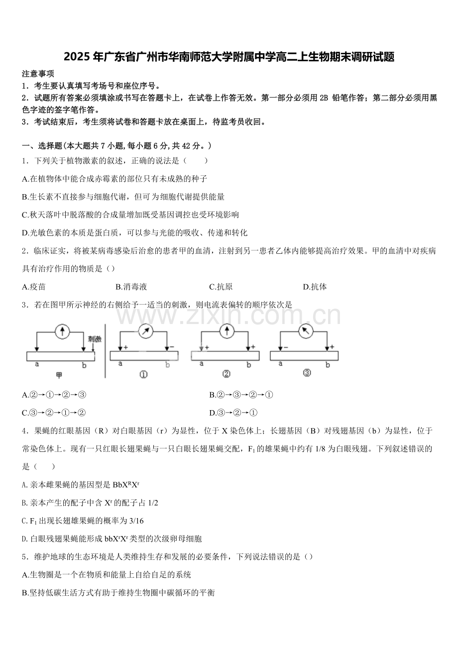 2025年广东省广州市华南师范大学附属中学高二上生物期末调研试题含解析.doc_第1页