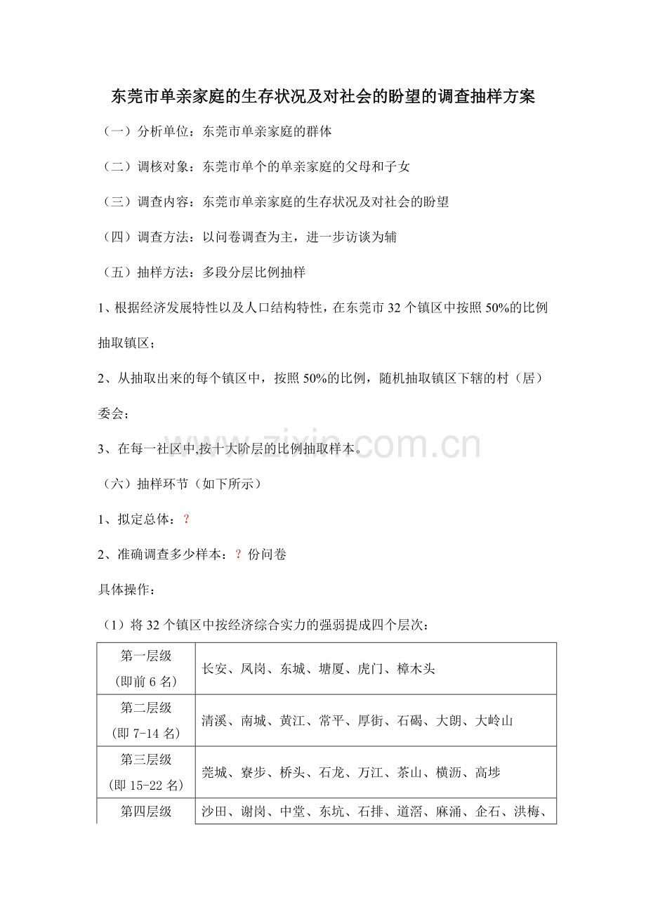 东莞市单亲家庭的生存状况及对社会的期望的调查抽样方案.doc_第1页