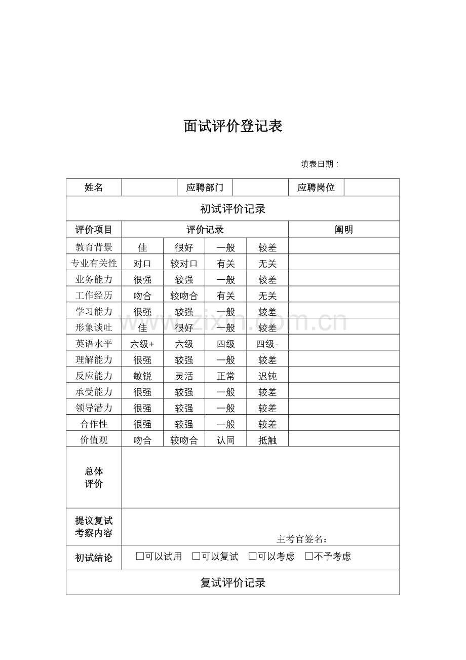 2023年现代企业面试评价记录表.doc_第1页