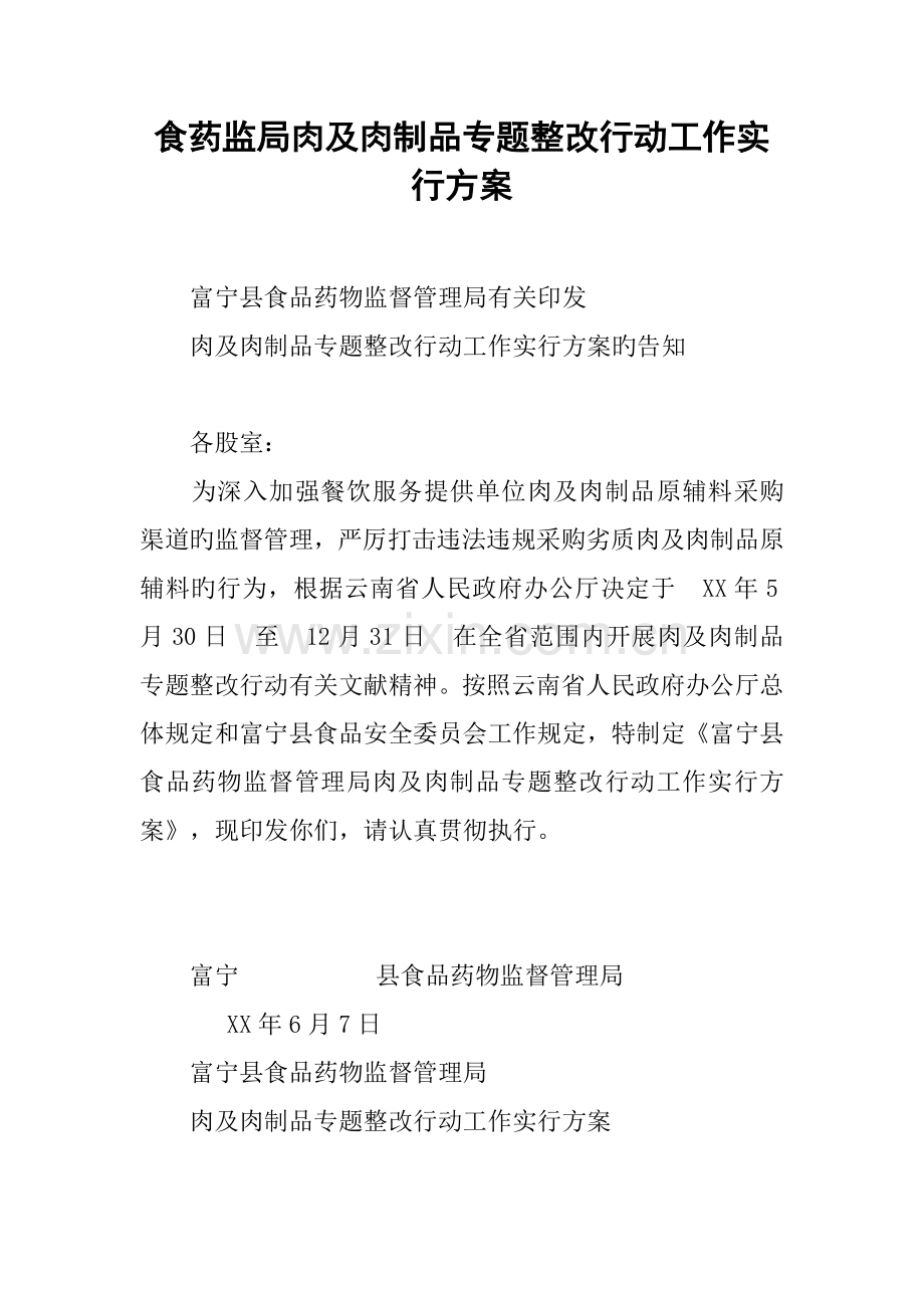 食药监局肉及肉制品专项整治行动工作实施方案.docx_第1页