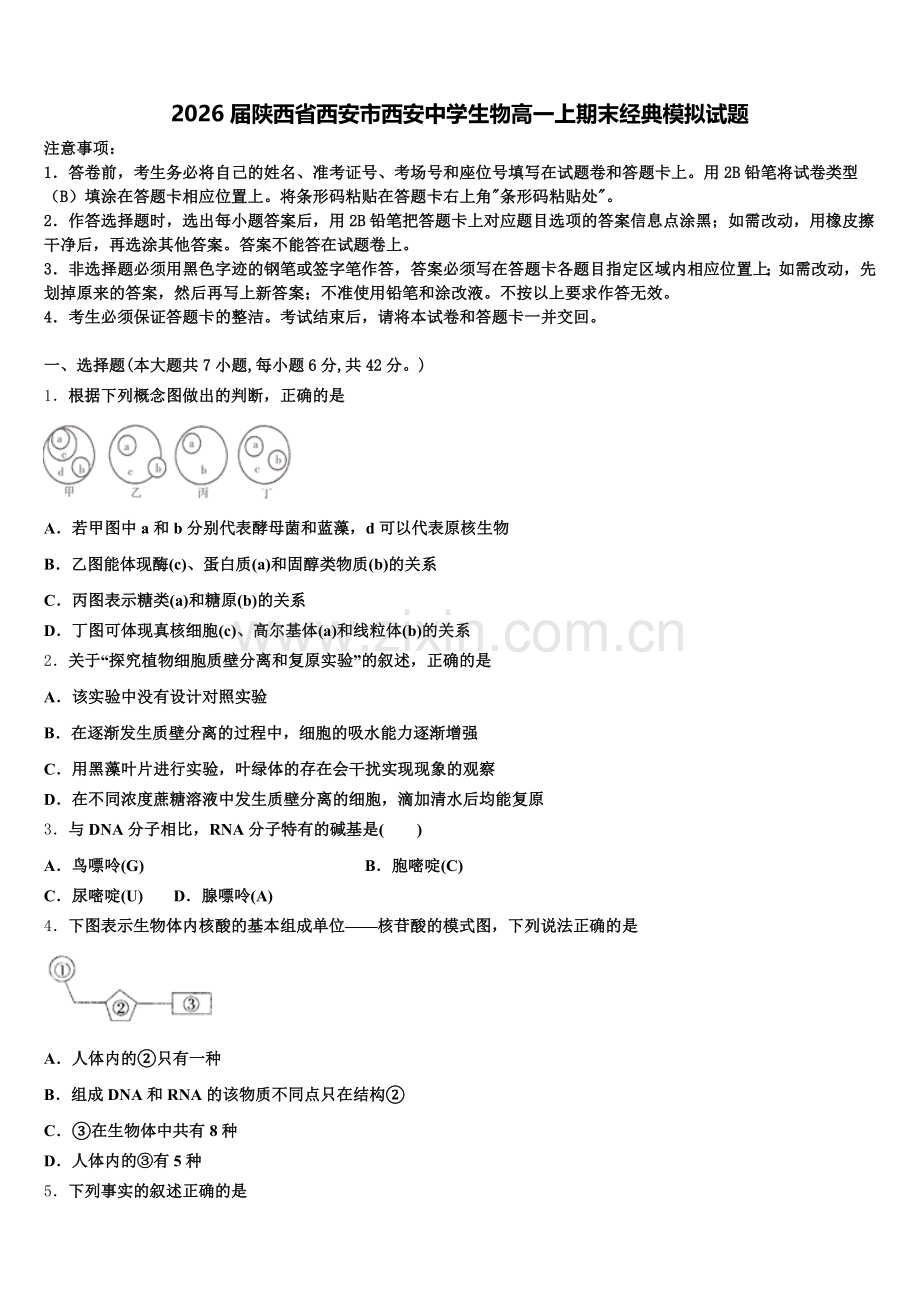 2026届陕西省西安市西安中学生物高一上期末经典模拟试题含解析.doc_第1页