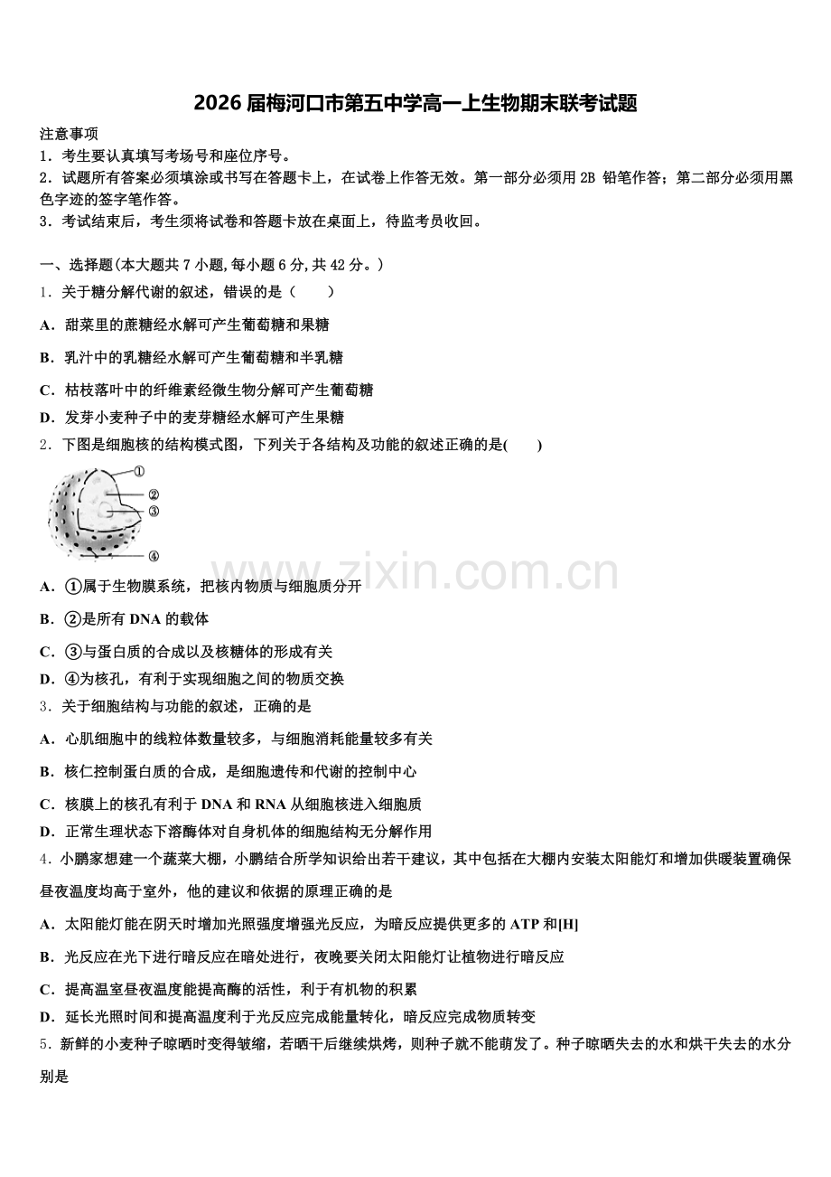 2026届梅河口市第五中学高一上生物期末联考试题含解析.doc_第1页