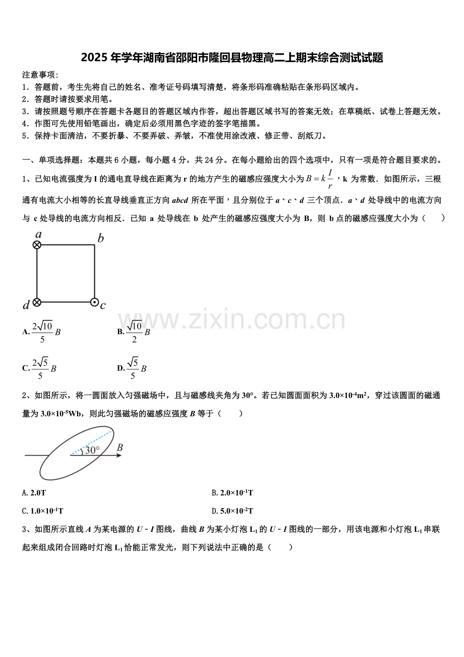 2025年学年湖南省邵阳市隆回县物理高二上期末综合测试试题含解析.doc_第1页