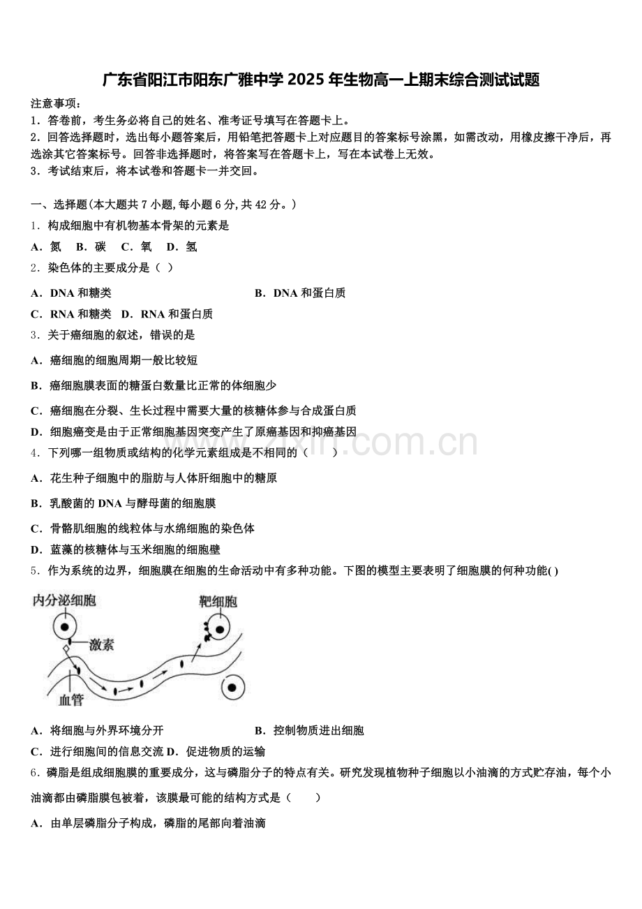 广东省阳江市阳东广雅中学2025年生物高一上期末综合测试试题含解析.doc_第1页