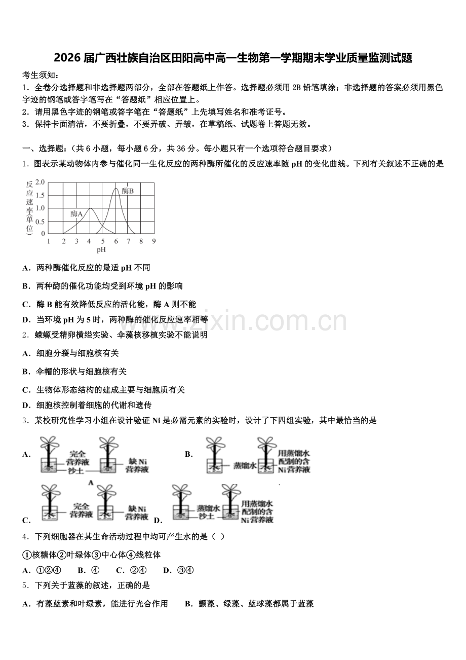 2026届广西壮族自治区田阳高中高一生物第一学期期末学业质量监测试题含解析.doc_第1页