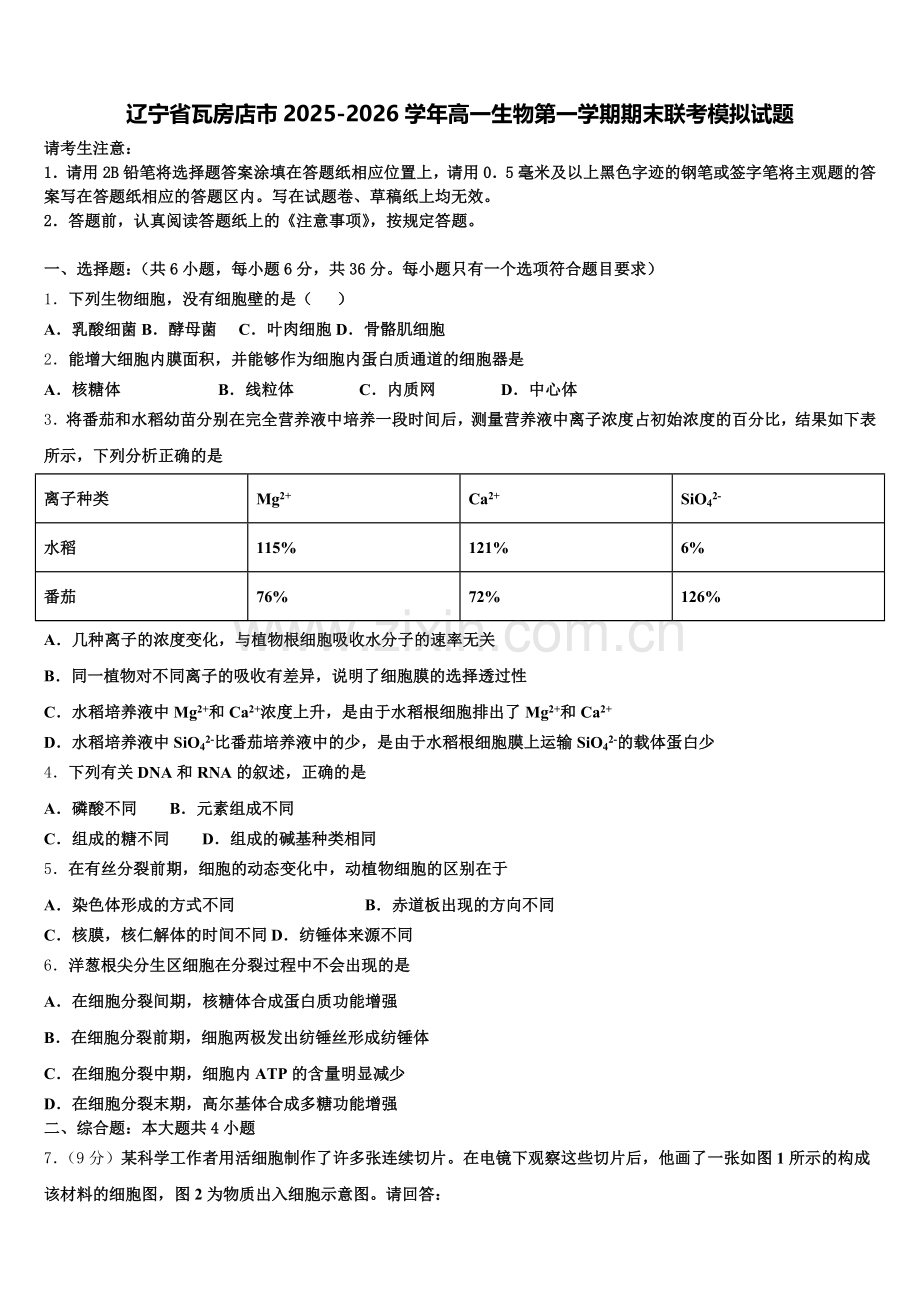 辽宁省瓦房店市2025-2026学年高一生物第一学期期末联考模拟试题含解析.doc_第1页