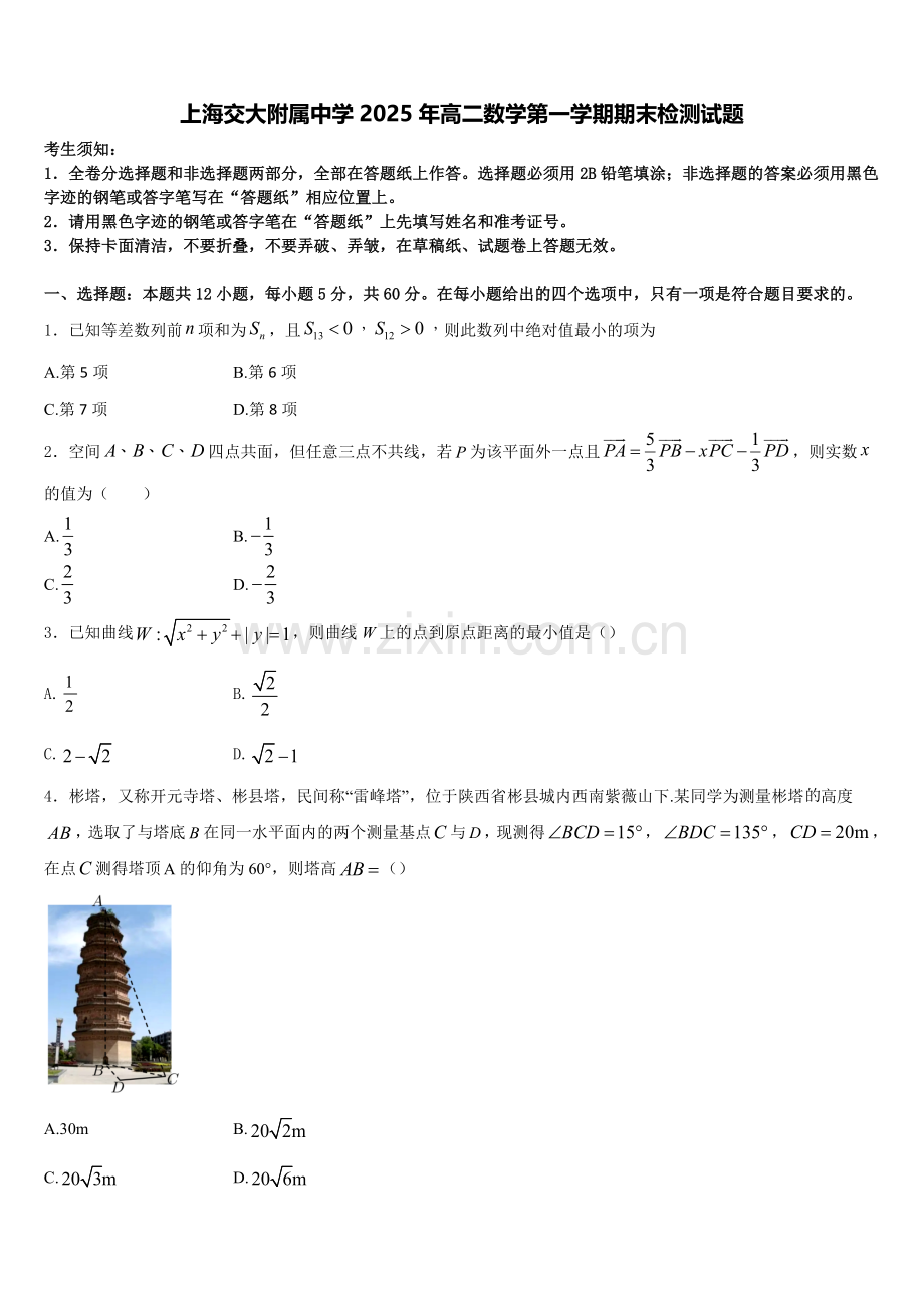 上海交大附属中学2025年高二数学第一学期期末检测试题含解析.doc_第1页