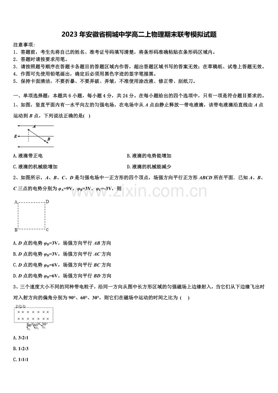 2023年安徽省桐城中学高二上物理期末联考模拟试题含解析.doc_第1页