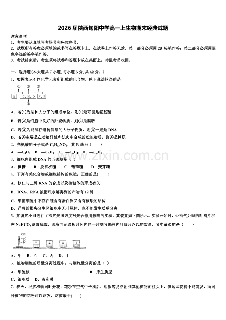 2026届陕西旬阳中学高一上生物期末经典试题含解析.doc_第1页