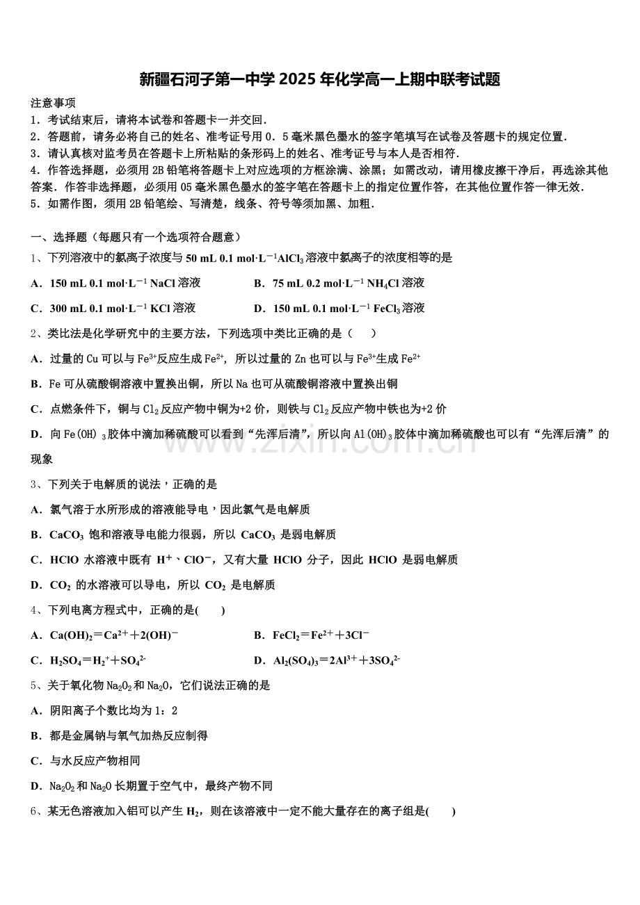 新疆石河子第一中学2025年化学高一上期中联考试题含解析.doc_第1页