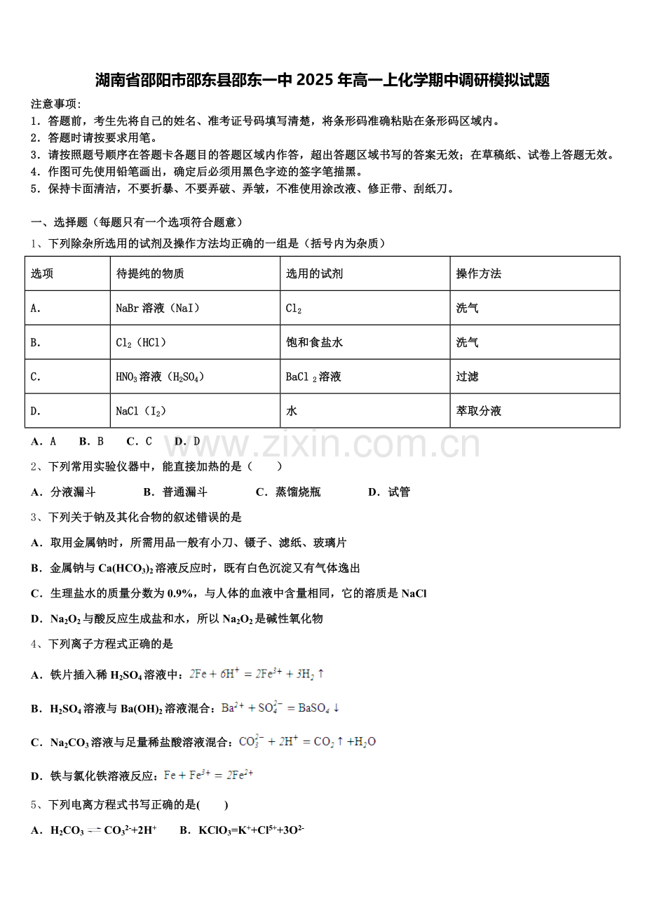 湖南省邵阳市邵东县邵东一中2025年高一上化学期中调研模拟试题含解析.doc_第1页