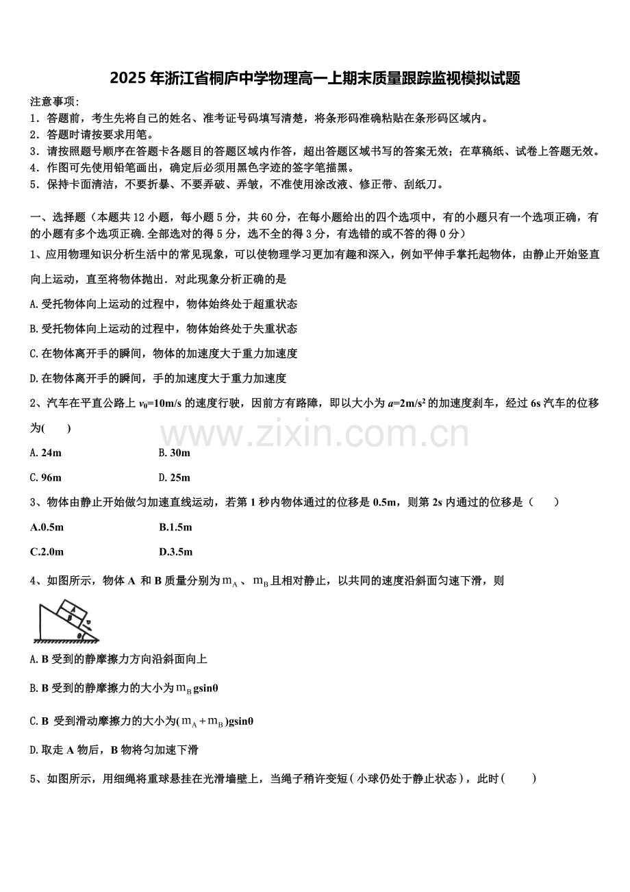 2025年浙江省桐庐中学物理高一上期末质量跟踪监视模拟试题含解析.doc_第1页